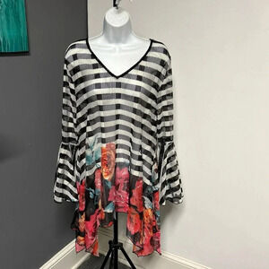 Women’s 1X V Neck Tunic Top Mesh Bell Sleeves Boho Whimsigoth Coquette Cottage